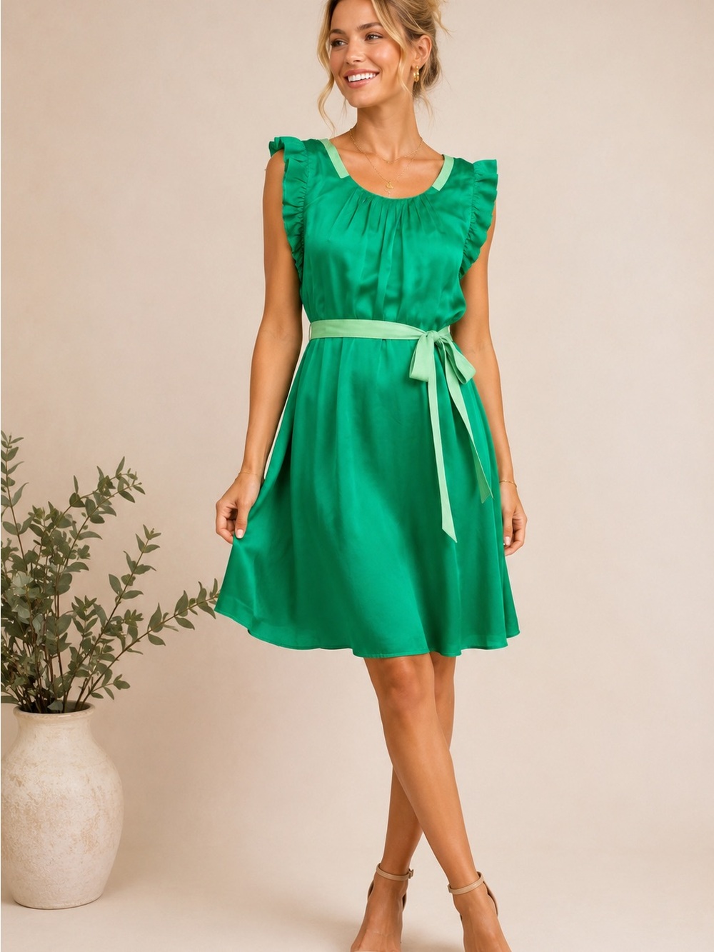 Girls From Savoy 100% Silk Emerald Green A-Line Ruffle Cap Sleeve Tie Waist M
